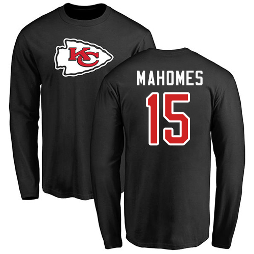 Men Kansas City Chiefs #15 Mahomes Patrick Black Name and Number Logo Long Sleeve T-Shirt->kansas city chiefs->NFL Jersey